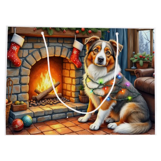 Australian Shepherd Fireplace with Christmas Light Groot Cadeauzakje (Achterkant)