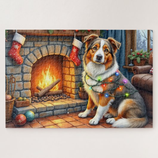 Australian Shepherd Fireplace with Christmas Light Legpuzzel (Horizontaal)