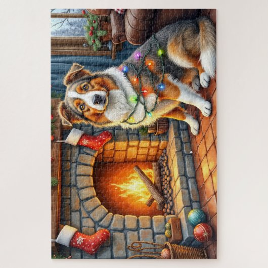 Australian Shepherd Fireplace with Christmas Light Legpuzzel (Verticaal)