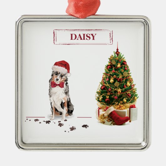 Australian Shepherd Funny kersthond met boom Metalen Ornament (Voorkant)