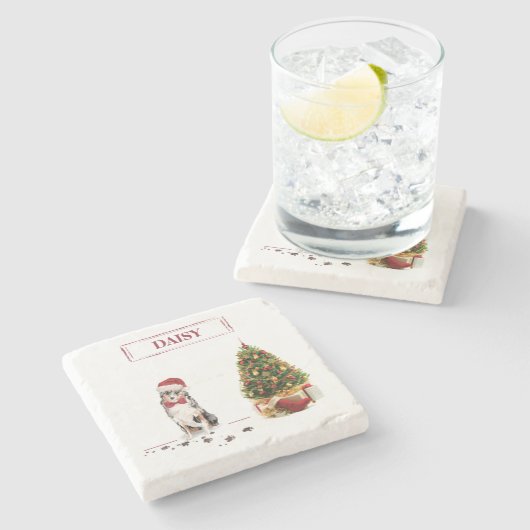 Australian Shepherd Funny kersthond met boom Stenen Onderzetter (Zijkant)