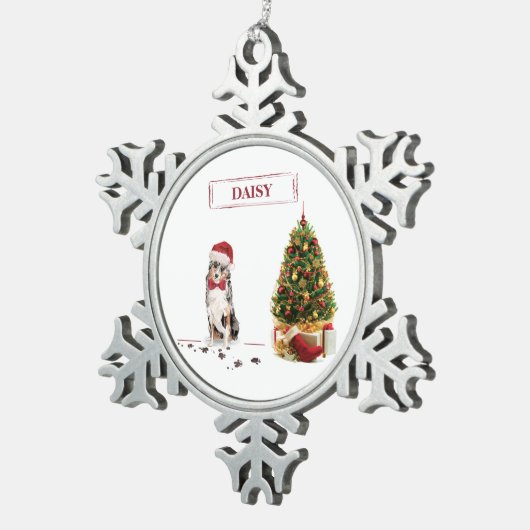 Australian Shepherd Funny kersthond met boom Tin Sneeuwvlok Ornament (Rechts)