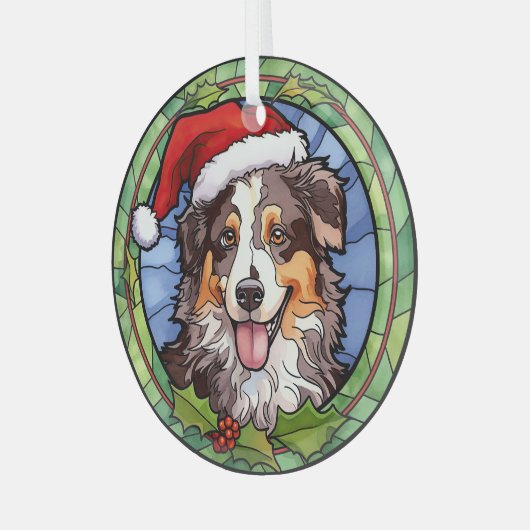 Australian Shepherd Glas in lood Kerst Ornament (Voorkant links)