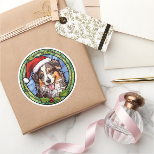 Australian Shepherd Glas in lood Kerst Ronde Sticker