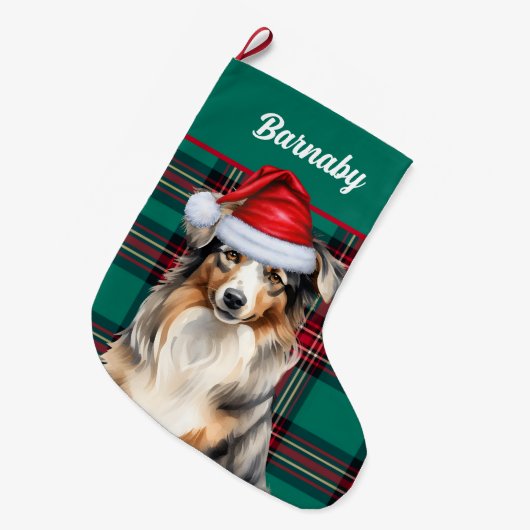 Australian Shepherd Green speelt met naam van hond Grote Kerstsok (Voorkant (Hangend))