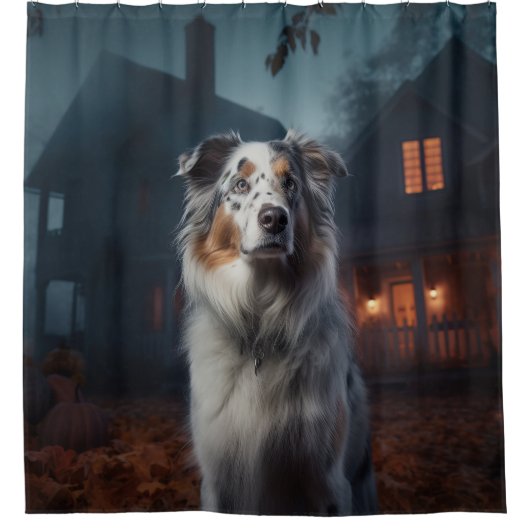 Australian Shepherd Halloween Scary Douchegordijn (Voorkant)