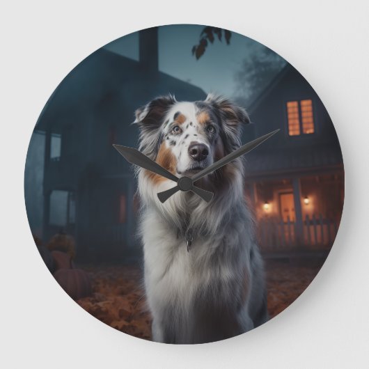 Australian Shepherd Halloween Scary Grote Klok (Voorkant)