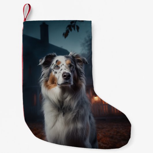 Australian Shepherd Halloween Scary Kleine Kerstsok (Voorkant)