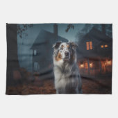 Australian Shepherd Halloween Scary Theedoek (Horizontaal)