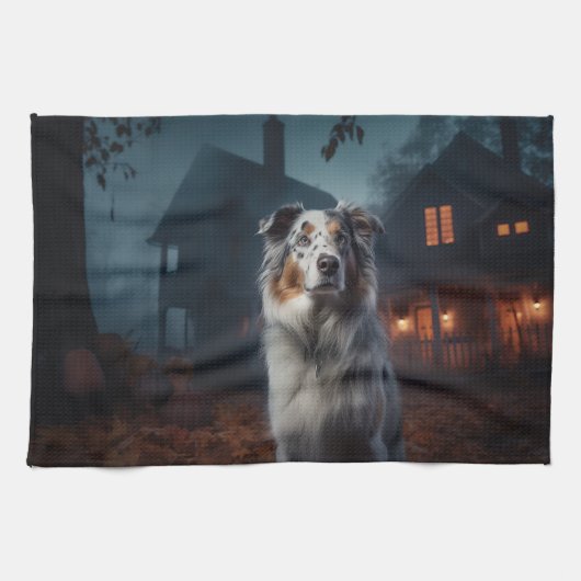 Australian Shepherd Halloween Scary Theedoek (Horizontaal)