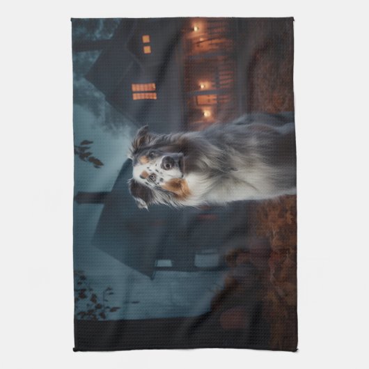 Australian Shepherd Halloween Scary Theedoek (Verticaal)