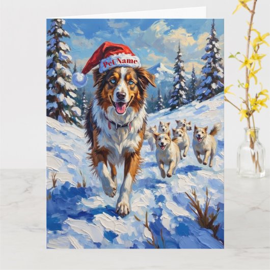 Australian Shepherd Herding Snowballs with Santa Kaart (Gele Bloem)
