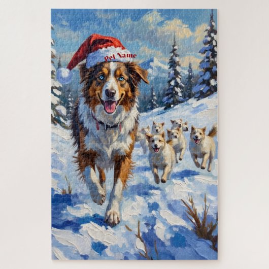 Australian Shepherd Herding Snowballs with Santa Legpuzzel (Verticaal)