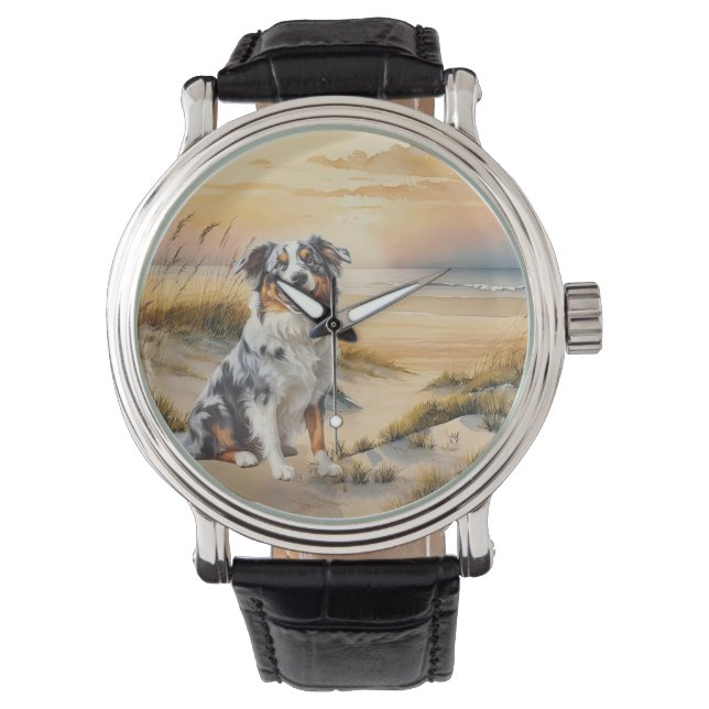 Australian Shepherd in a Beach Cove Horloge (Voorkant)