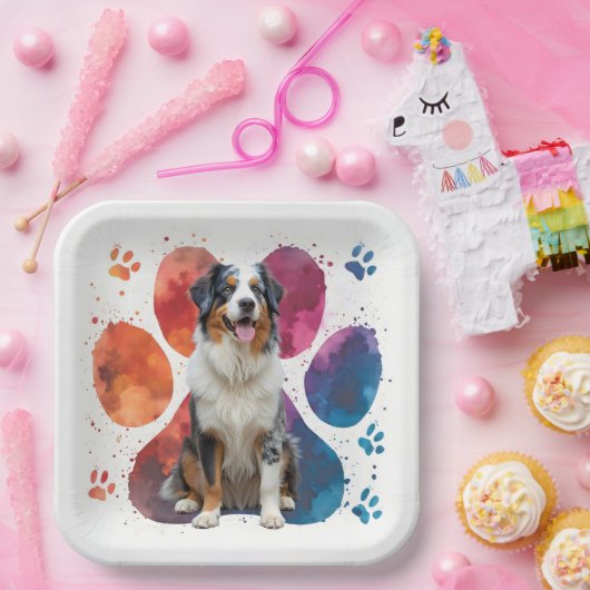 Australian Shepherd in een voetafdruk Papieren Bordje (Feest)