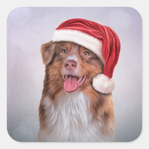 Australian Shepherd in het rode pet van Santa Clau Vierkante Sticker