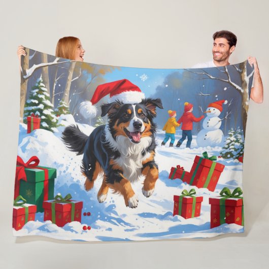 Australian Shepherd Kerstfeest Sneeuwscène Fleece Deken (In situ)
