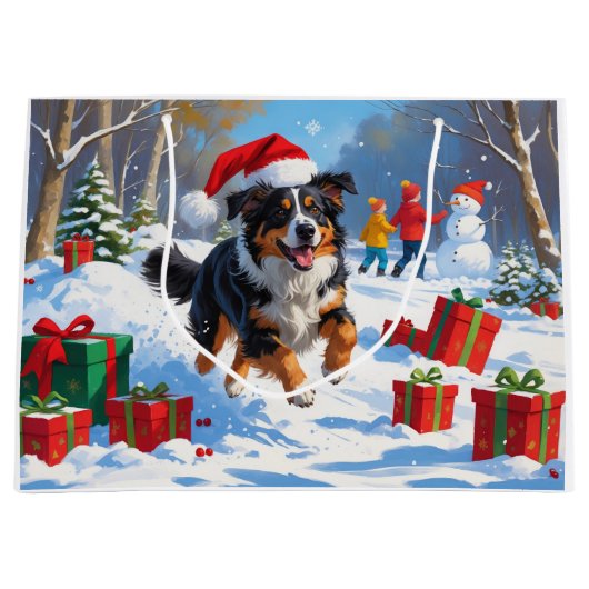 Australian Shepherd Kerstfeest Sneeuwscène Groot Cadeauzakje (Voorkant)