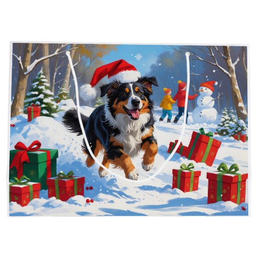 Australian Shepherd Kerstfeest Sneeuwscène Groot Cadeauzakje (Achterkant)