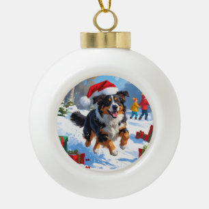 Australian Shepherd Kerstfeest Sneeuwscène Keramische Bal Ornament