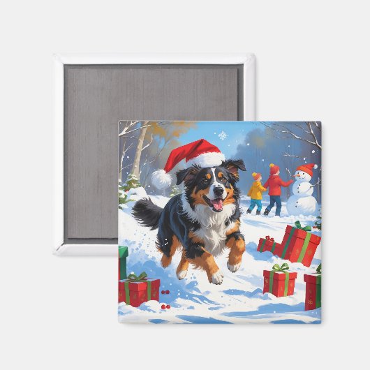Australian Shepherd Kerstfeest Sneeuwscène Magneet (Voorkant / Achterkant)