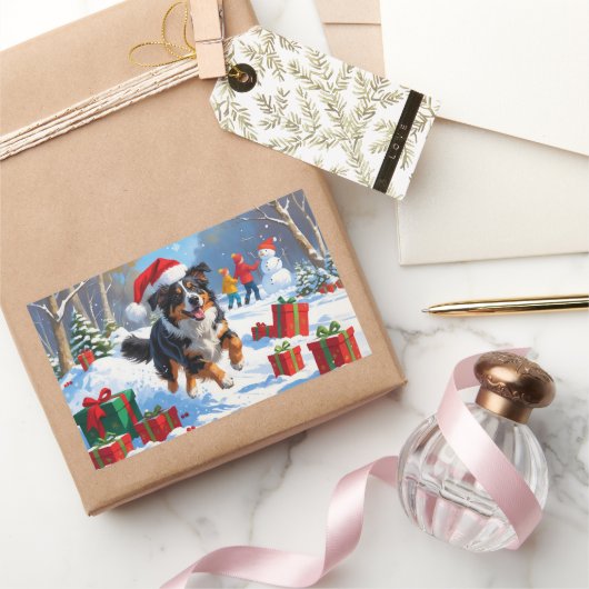 Australian Shepherd Kerstfeest Sneeuwscène Rechthoekige Sticker (Geschenken)