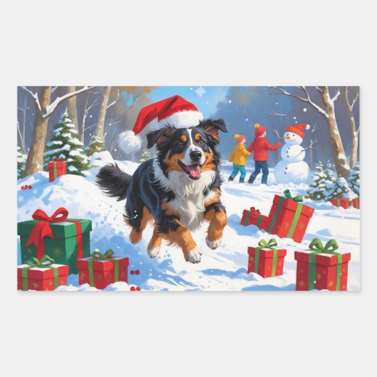 Australian Shepherd Kerstfeest Sneeuwscène Rechthoekige Sticker (Voorkant)