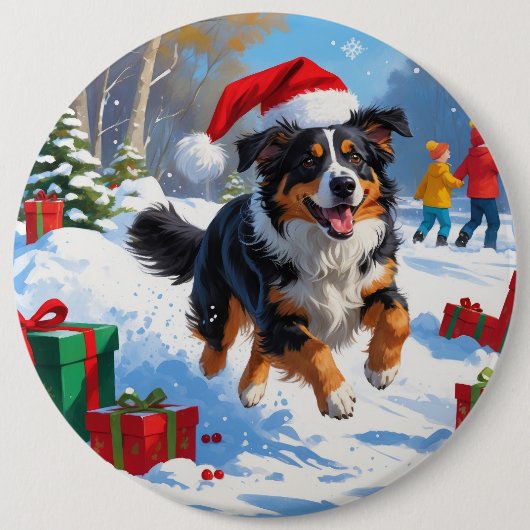 Australian Shepherd Kerstfeest Sneeuwscène Ronde Button 6,0 Cm (Voorkant)