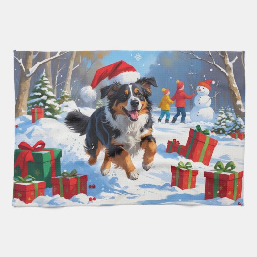 Australian Shepherd Kerstfeest Sneeuwscène Theedoek (Horizontaal)