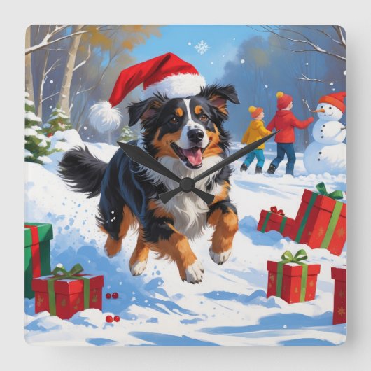 Australian Shepherd Kerstfeest Sneeuwscène Vierkante Klok (Voorkant)