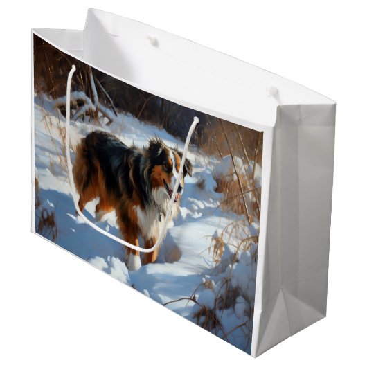 Australian Shepherd Laat Het Sneeuw Kerstmis Groot Cadeauzakje (Voorkant Gekanteld)