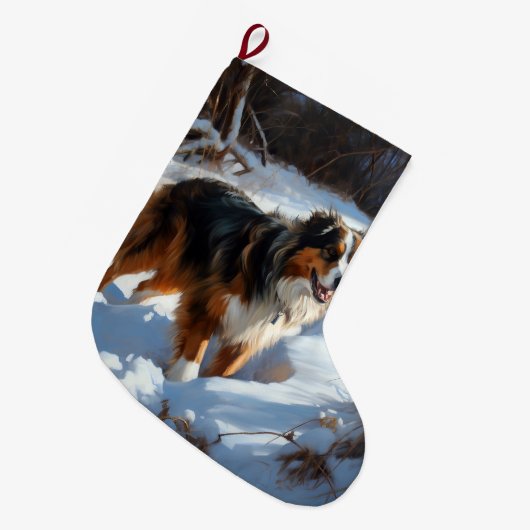 Australian Shepherd Laat Het Sneeuw Kerstmis Grote Kerstsok (Voorkant (Hangend))