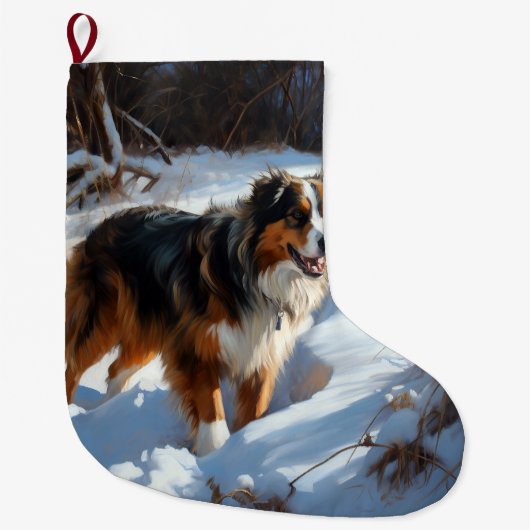 Australian Shepherd Laat Het Sneeuw Kerstmis Grote Kerstsok (Voorkant)