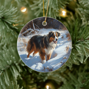 Australian Shepherd Laat Het Sneeuw Kerstmis Keramisch Ornament