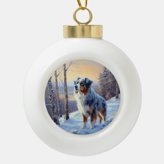 Australian Shepherd Laat Het Sneeuw Kerstmis Keramische Bal Ornament (Voorkant)