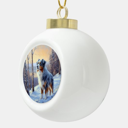 Australian Shepherd Laat Het Sneeuw Kerstmis Keramische Bal Ornament (Rechts)