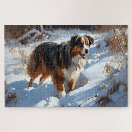 Australian Shepherd Laat Het Sneeuw Kerstmis Legpuzzel (Horizontaal)