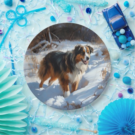 Australian Shepherd Laat Het Sneeuw Kerstmis Papieren Bordje (Feest)