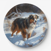 Australian Shepherd Laat Het Sneeuw Kerstmis Papieren Bordje (Voorkant)