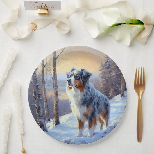 Australian Shepherd Laat Het Sneeuw Kerstmis Papieren Bordje (Huwelijk)