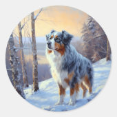 Australian Shepherd Laat Het Sneeuw Kerstmis Ronde Sticker (Voorkant)