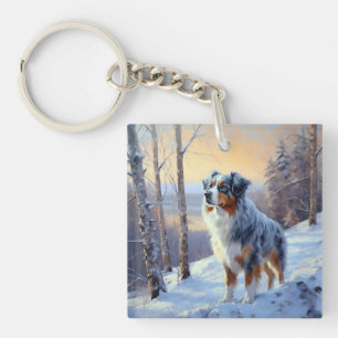 Australian Shepherd Laat Het Sneeuw Kerstmis Sleutelhanger