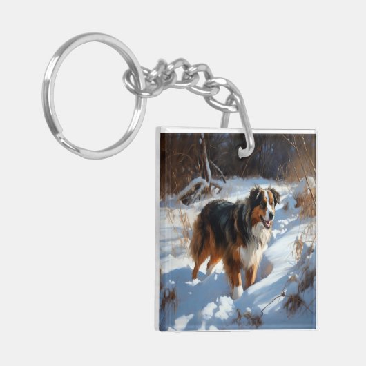 Australian Shepherd Laat Het Sneeuw Kerstmis Sleutelhanger (Voorkant Links)