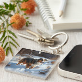 Australian Shepherd Laat Het Sneeuw Kerstmis Sleutelhanger (Voorkant Rechts)