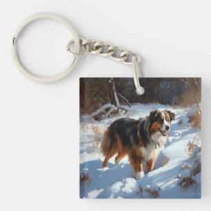 Australian Shepherd Laat Het Sneeuw Kerstmis Sleutelhanger