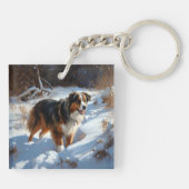 Australian Shepherd Laat Het Sneeuw Kerstmis Sleutelhanger (Achterkant)