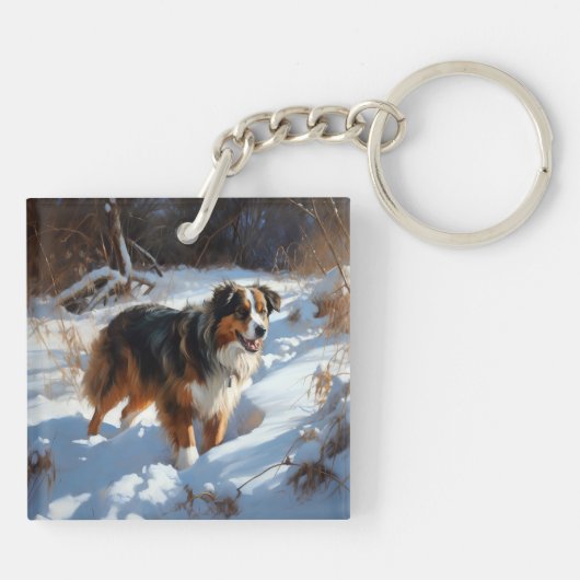 Australian Shepherd Laat Het Sneeuw Kerstmis Sleutelhanger (Achterkant)