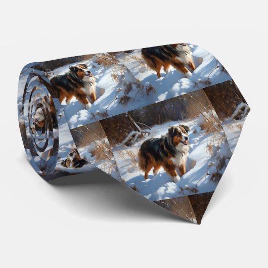 Australian Shepherd Laat Het Sneeuw Kerstmis Stropdas (Opgerold)