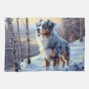 Australian Shepherd Laat Het Sneeuw Kerstmis Theedoek