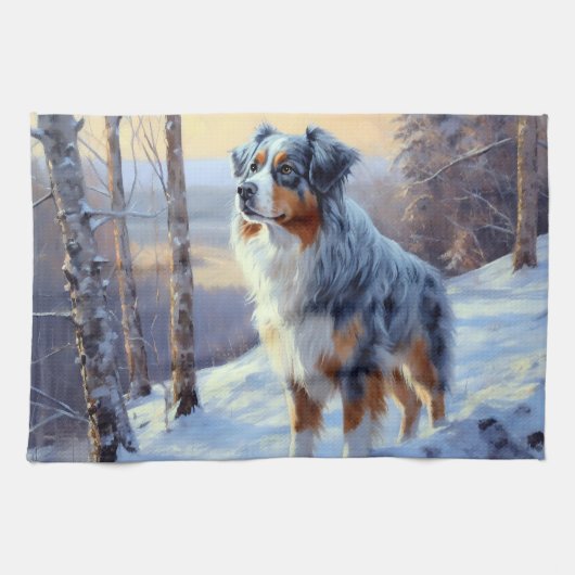 Australian Shepherd Laat Het Sneeuw Kerstmis Theedoek (Horizontaal)